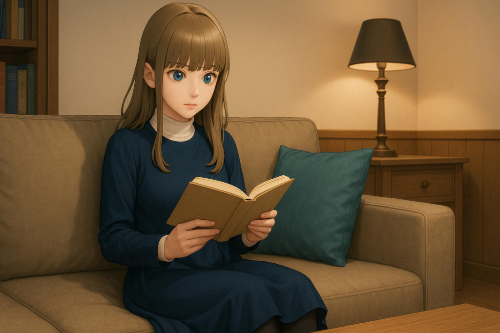 本を真面目に読んでいるアニメ風の女性