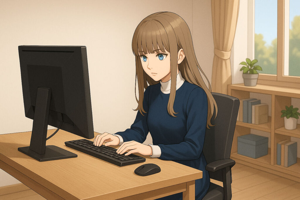 PCで電子書籍を読むアニメ風の女性