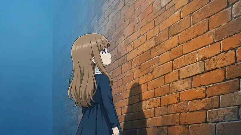 高い壁で呆然とする女性